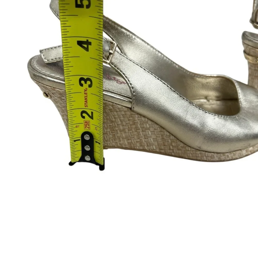 Lilly Pulitzer Gigi Leather Slingback Open Toe Gold Wedge Sandals Women's Sz 7. - Picture 3 of 14